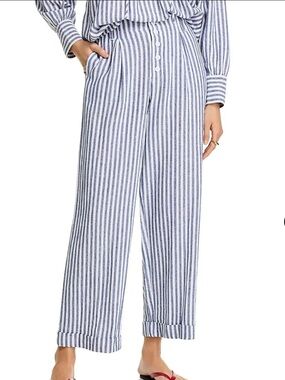 Aqua Blue & White Striped Wide-Leg Linen Blend Pants Size XXS Ankle